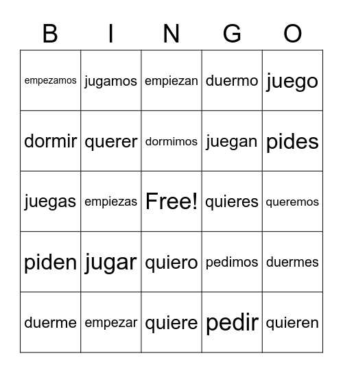 Stem Changing Verbs Bingo Card