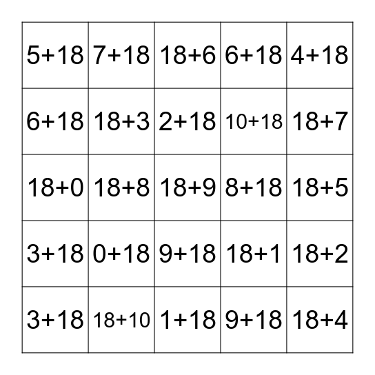 Plus Eighteen Fluency 0-10 Bingo Card
