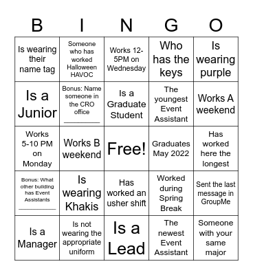 Event Assistant Bingo Card