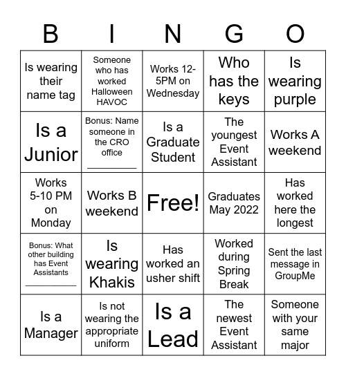 Event Assistant Bingo Card