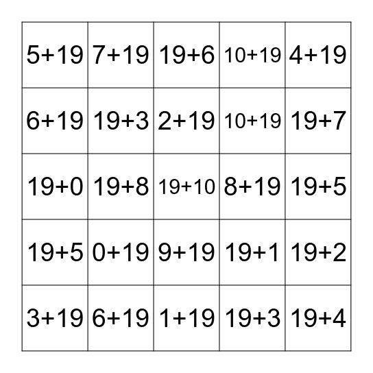 Plus Nineteen Fluency 0-10 Bingo Card