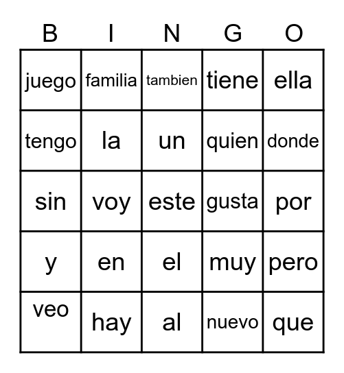 Palabras Unos Frequente Bingo Card