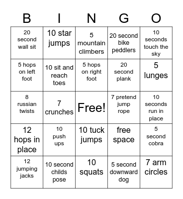 Fitness Bingo Card