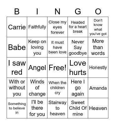 Hair Band Power Ballads Bingo Card