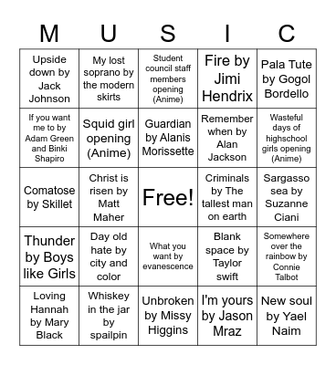 Songs on my phone Bingo Card