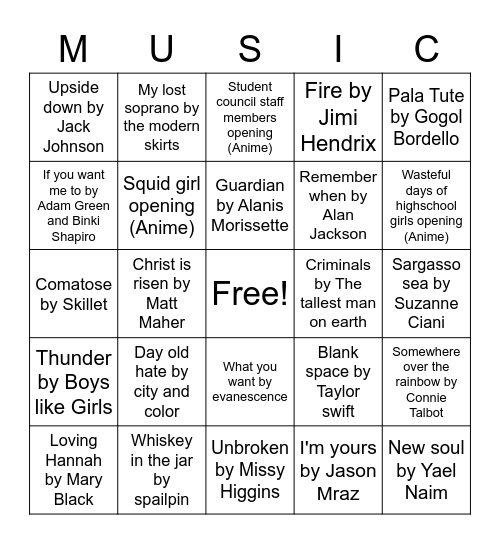 Songs on my phone Bingo Card