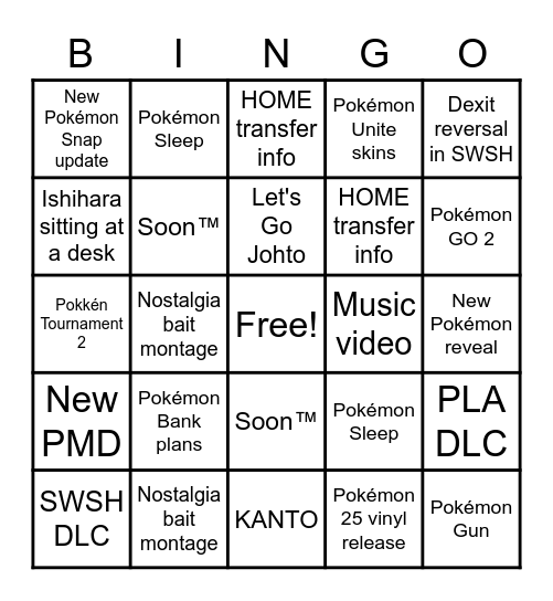 Pokémon Presents Bingo Card