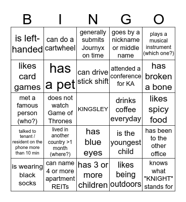 Kingsley Associates Bingo Card