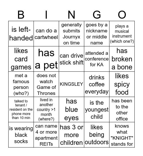 Kingsley Associates Bingo Card