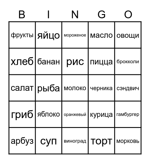 Russian Food Bingo Card