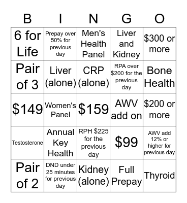 LIFELINE SCREENING BINGO Card