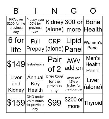 LIFELINE SCREENING BINGO Card