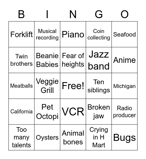 Team Fun Facts Bingo Card