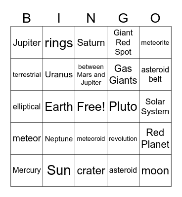 Solar System Bingo Card