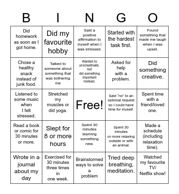 Mental Health Bingo Card