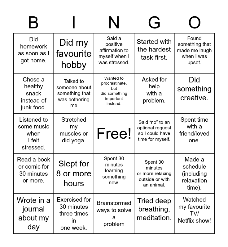 Mental Health Bingo Card 