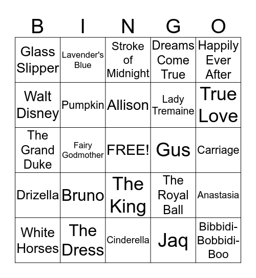 Cinderella Bingo Card