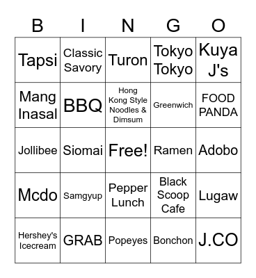 Food Bingo Card