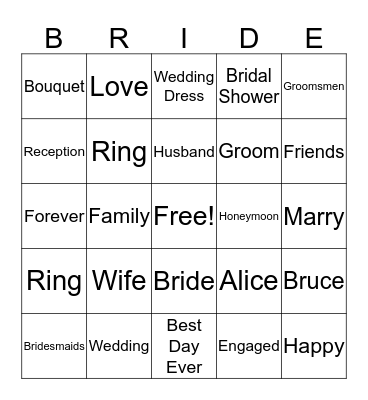 Bridal Shower Bingo Card