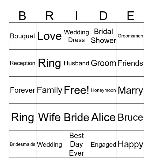 Bridal Shower Bingo Card