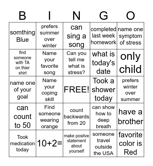 Stress Mangement  Bingo Card