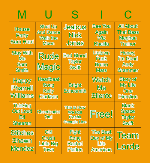 Pop Music Bingo Card