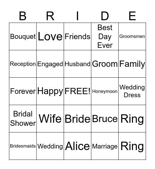 Bridal Shower Bingo Card