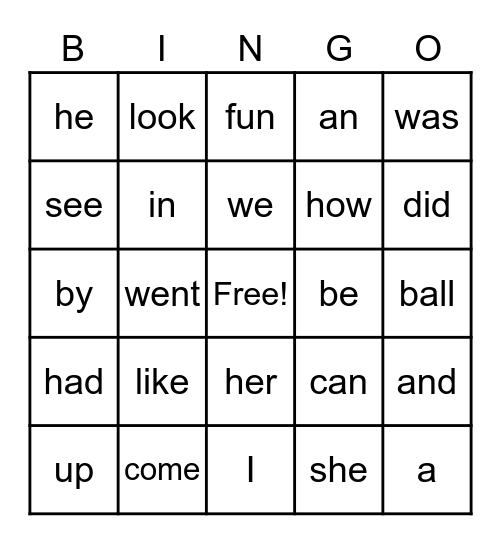 K Sight Word Bingo Card