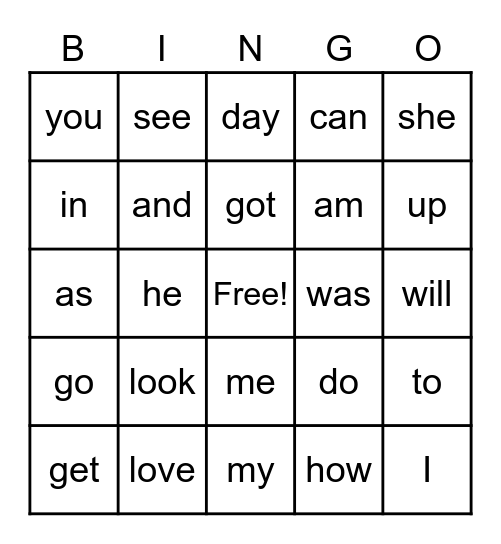 K Sight Word Bingo Card