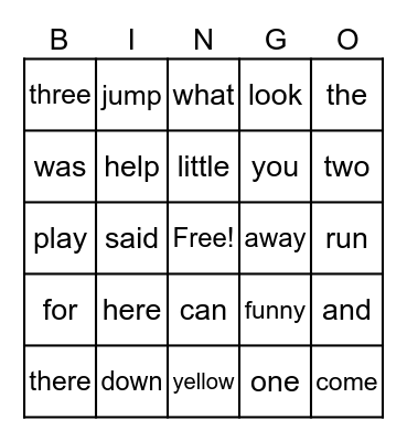 Sight Word Bingo Card