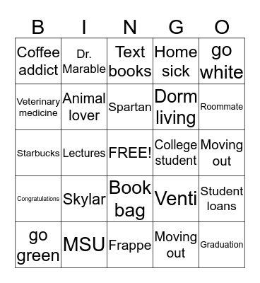 Skylar's MSU Send off  Bingo Card