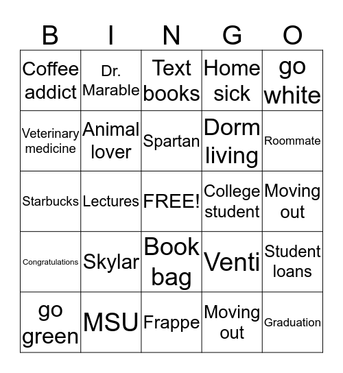 Skylar's MSU Send off  Bingo Card