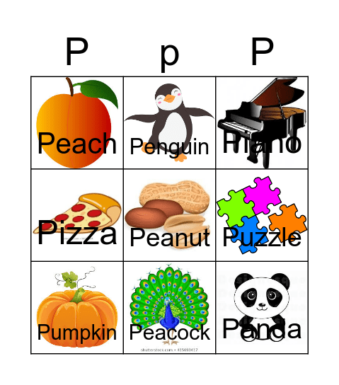 Letter P Bingo Card