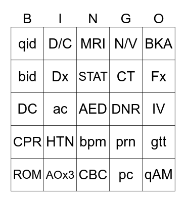 Medical Abbreviations Bingo Card