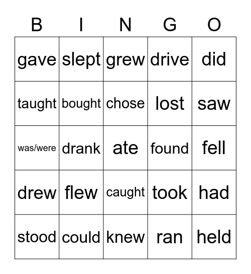 Irregular Past Tense Bingo Card