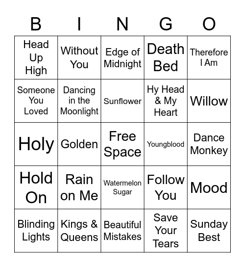 Music Bingo - Today's Hits Bingo Card