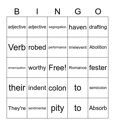 Vocabulary Bingo 2/25/2022 Bingo Card