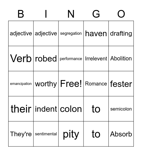 Vocabulary Bingo 2/25/2022 Bingo Card