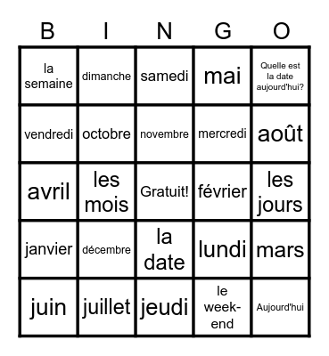 NGMS French months & days Bingo Card