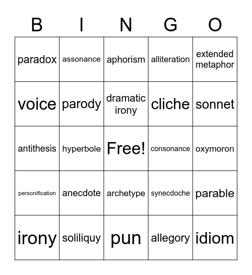 Advanced Vocabulary Bingo Card