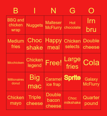 McDonalds Bingo Card
