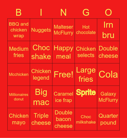 McDonalds Bingo Card