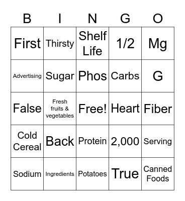 Food Label Bingo Card