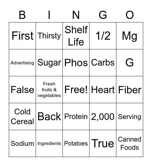 Food Label Bingo Card