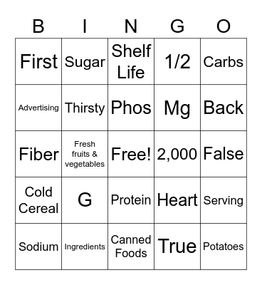 Food Label Bingo Card