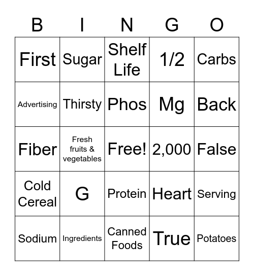 Food Label Bingo Card