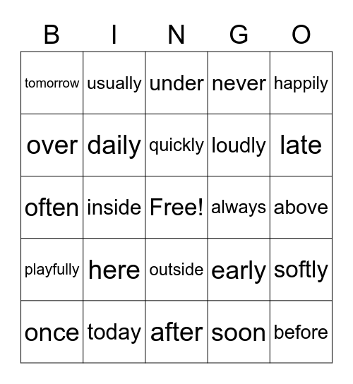 Adverbs Bingo Card