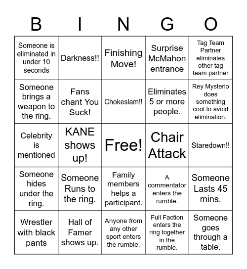 Royal Rumble BINGO Card