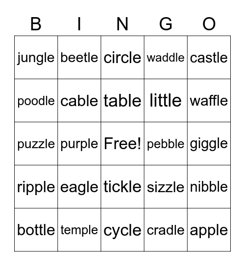 Consonant-le Bingo Card