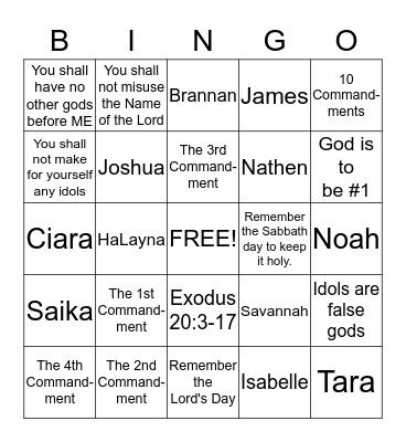 The Ten Commandments Bingo Card